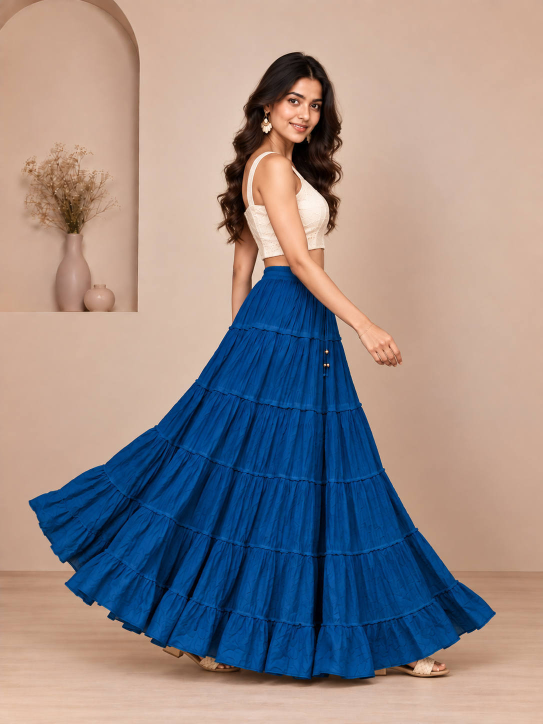 Royal Blue Cotton Solid Flared Skirt