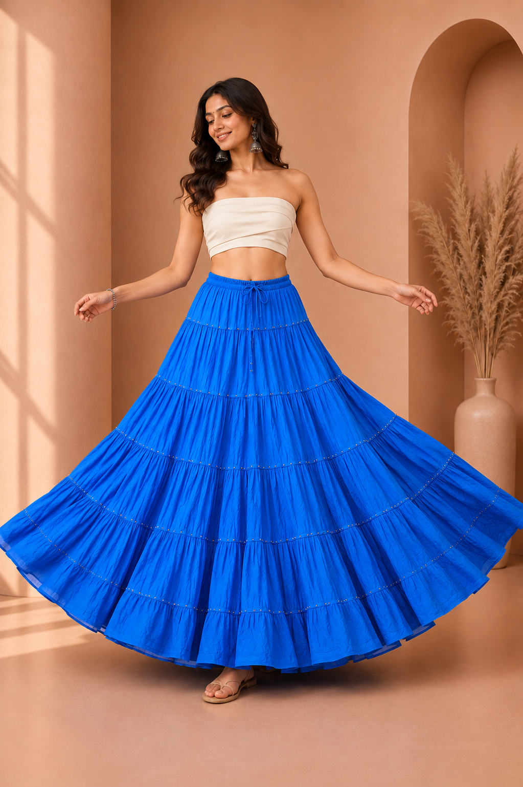 Royal Blue Gold Beads Cotton Skirt