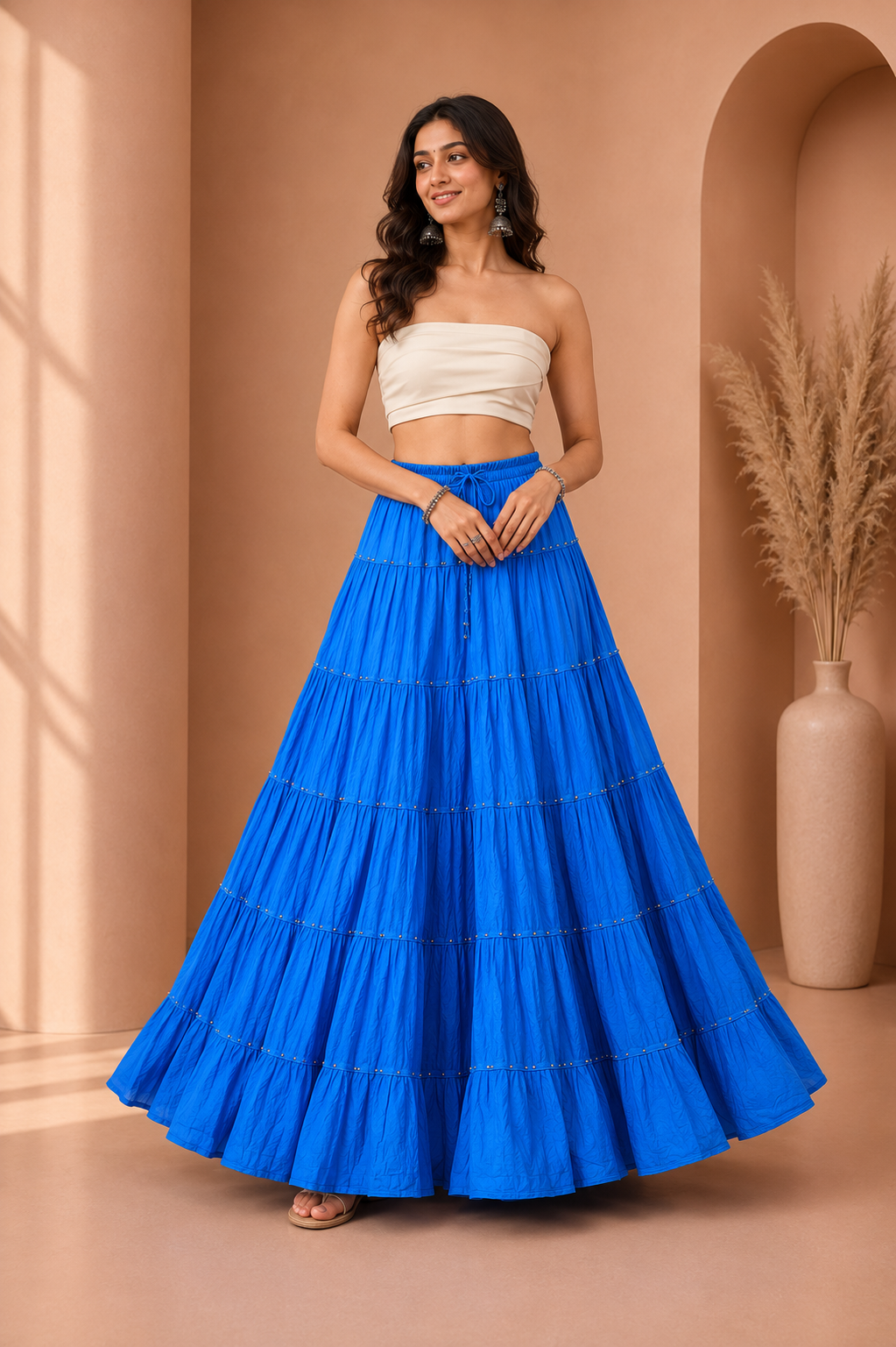 Royal Blue Gold Beads Cotton Skirt