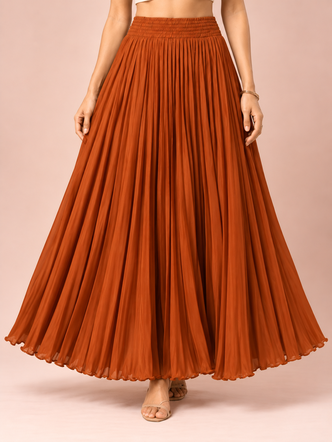 Rust Satin Silk Small Pleated Skirt