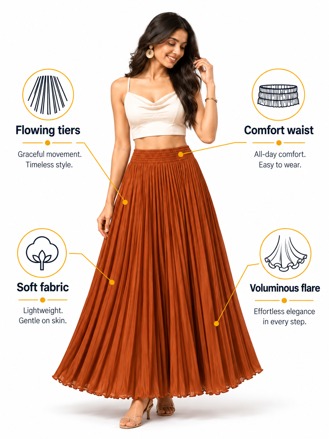 Rust Satin Silk Small Pleated Skirt