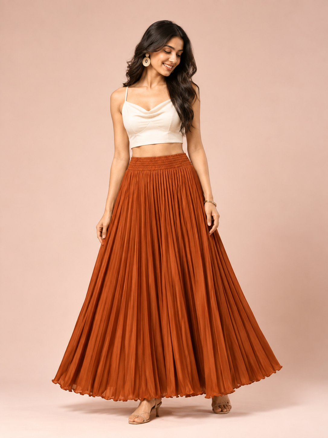 Rust Satin Silk Small Pleated Skirt