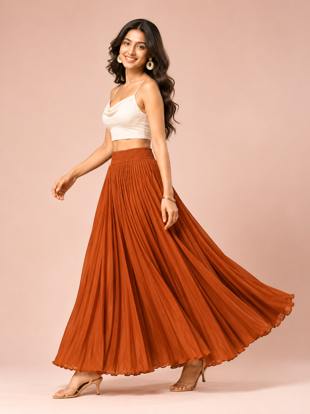 Rust Satin Silk Small Pleated Skirt