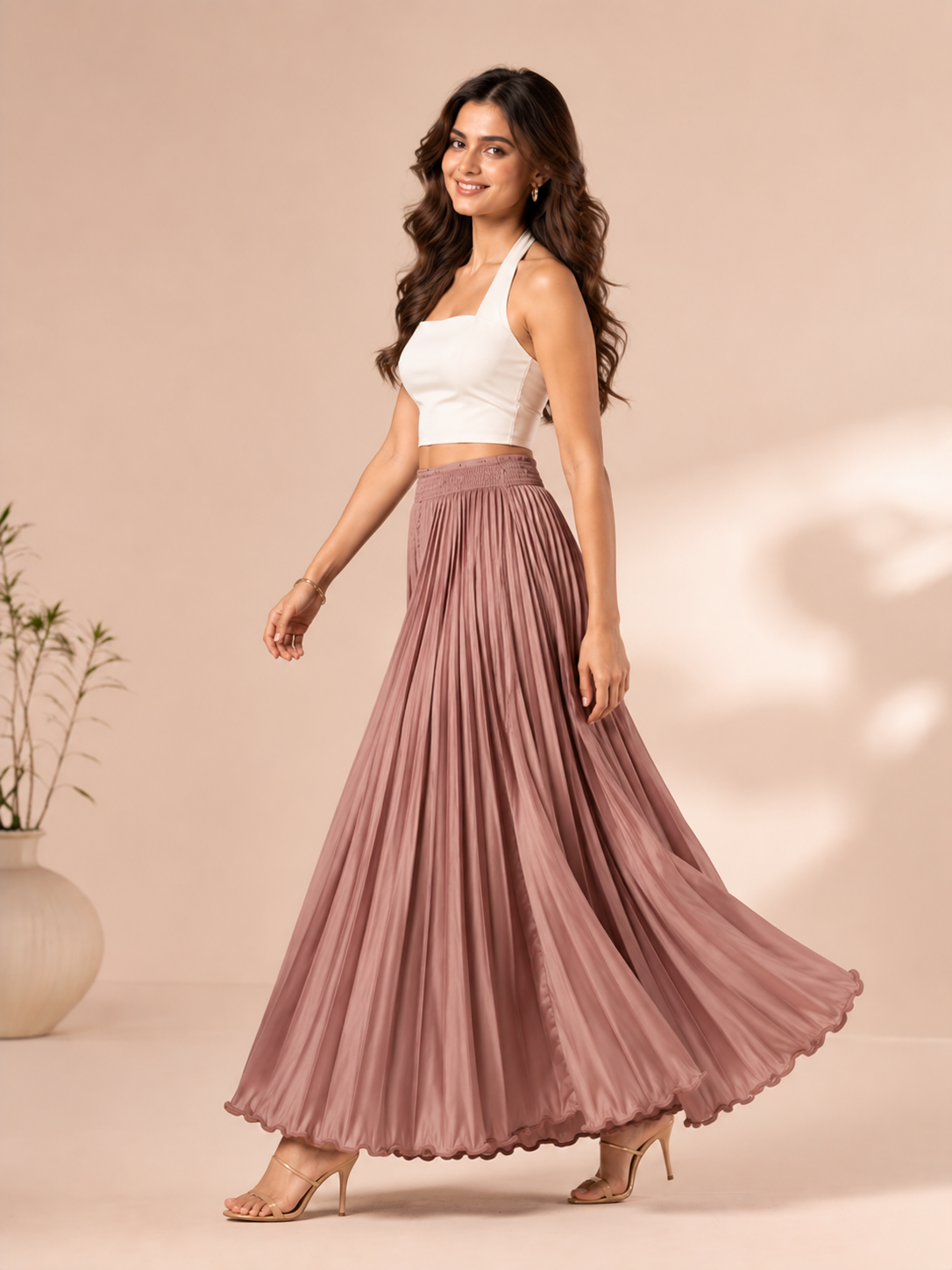 Strawberry Ice Satin Silk Small Pleated Skirt