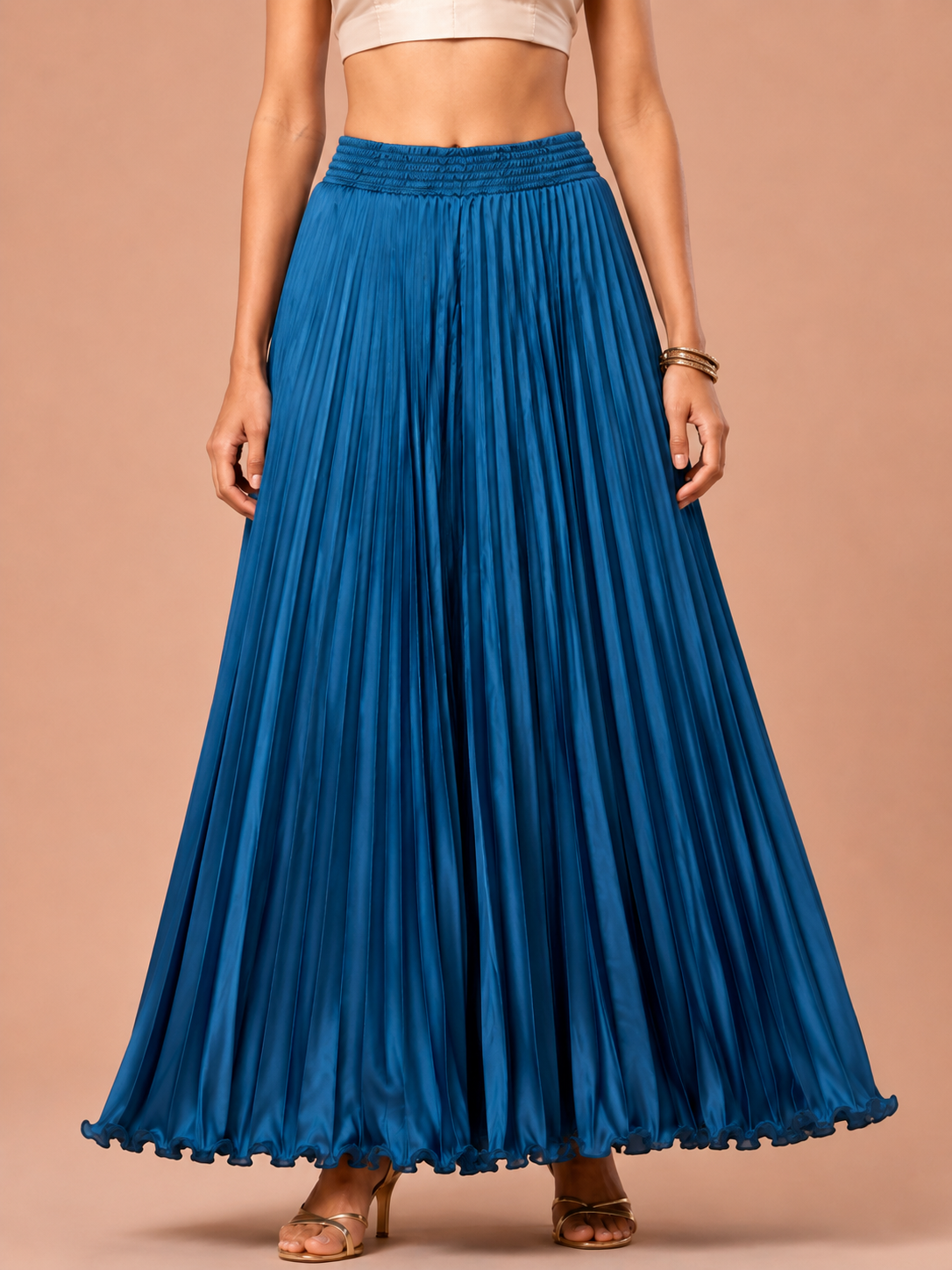 T.Blue Satin Silk Small Pleated Skirt