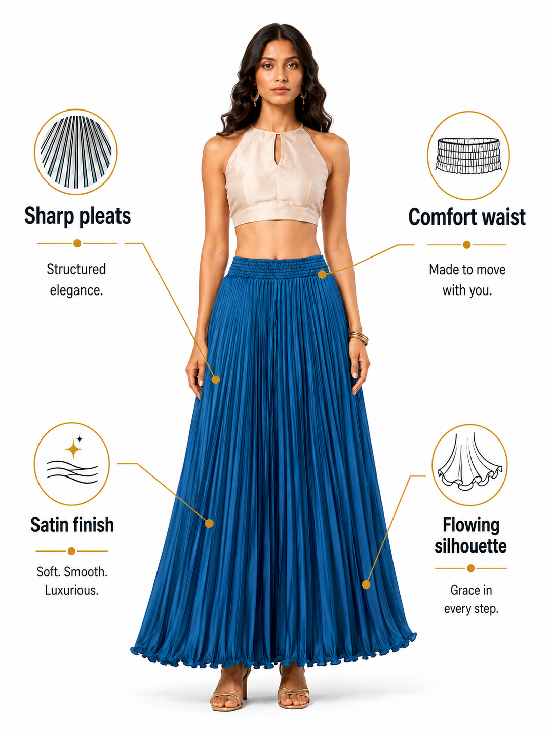T.Blue Satin Silk Small Pleated Skirt