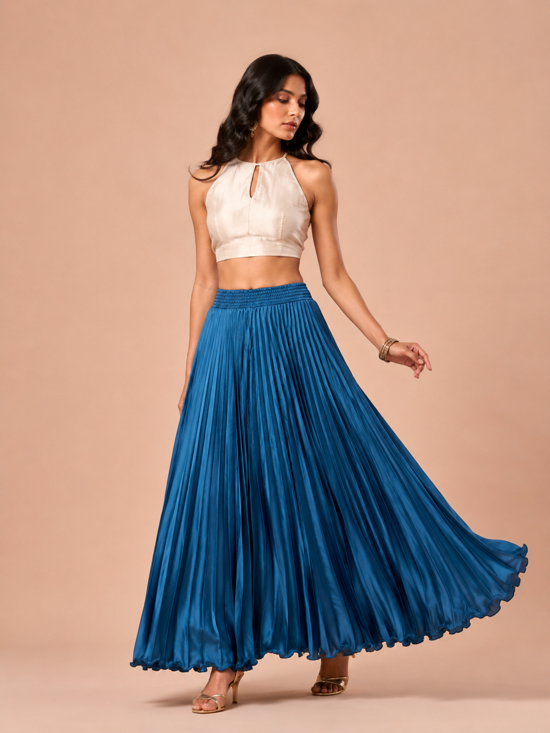 T.Blue Satin Silk Small Pleated Skirt