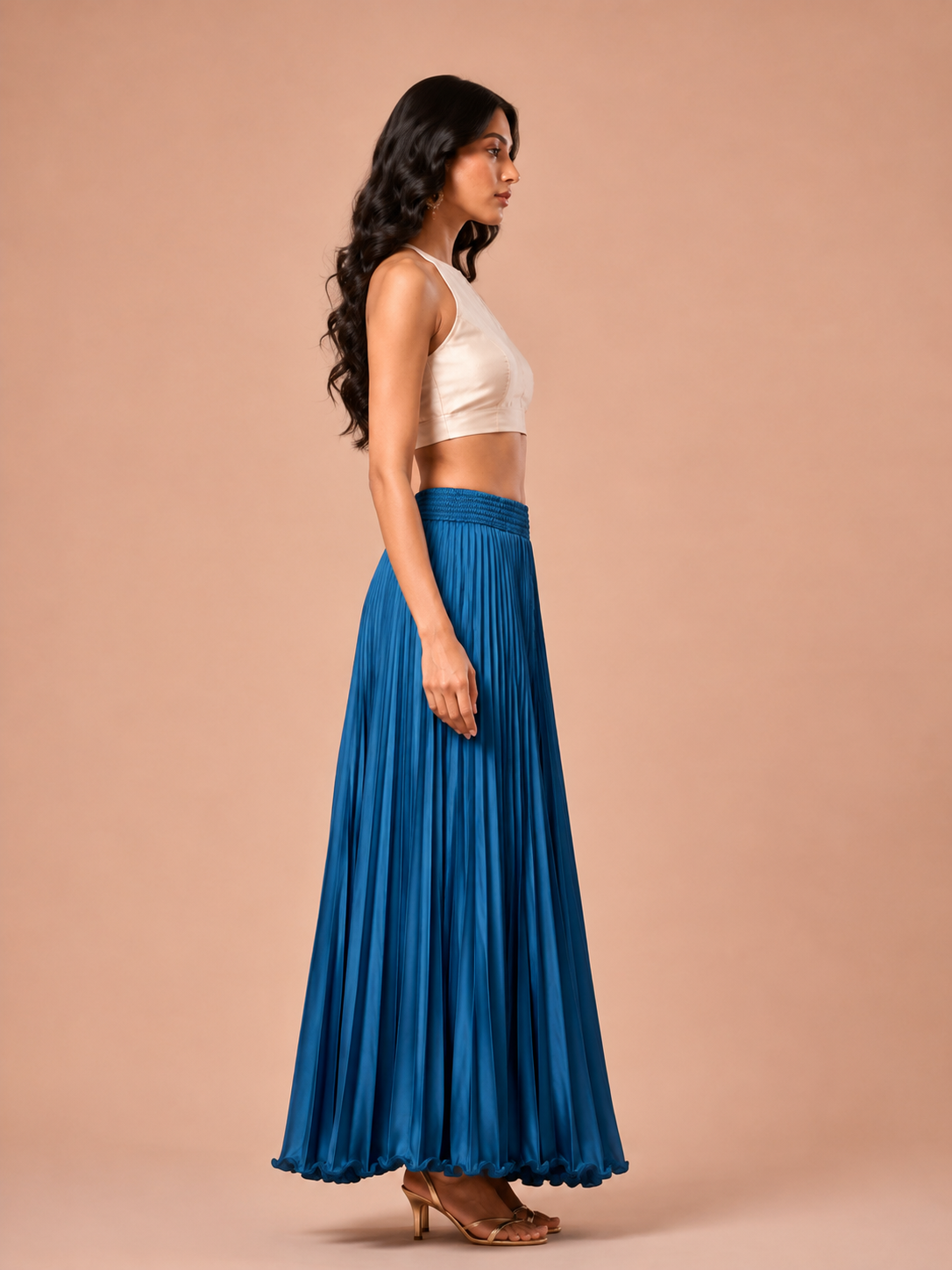 T.Blue Satin Silk Small Pleated Skirt