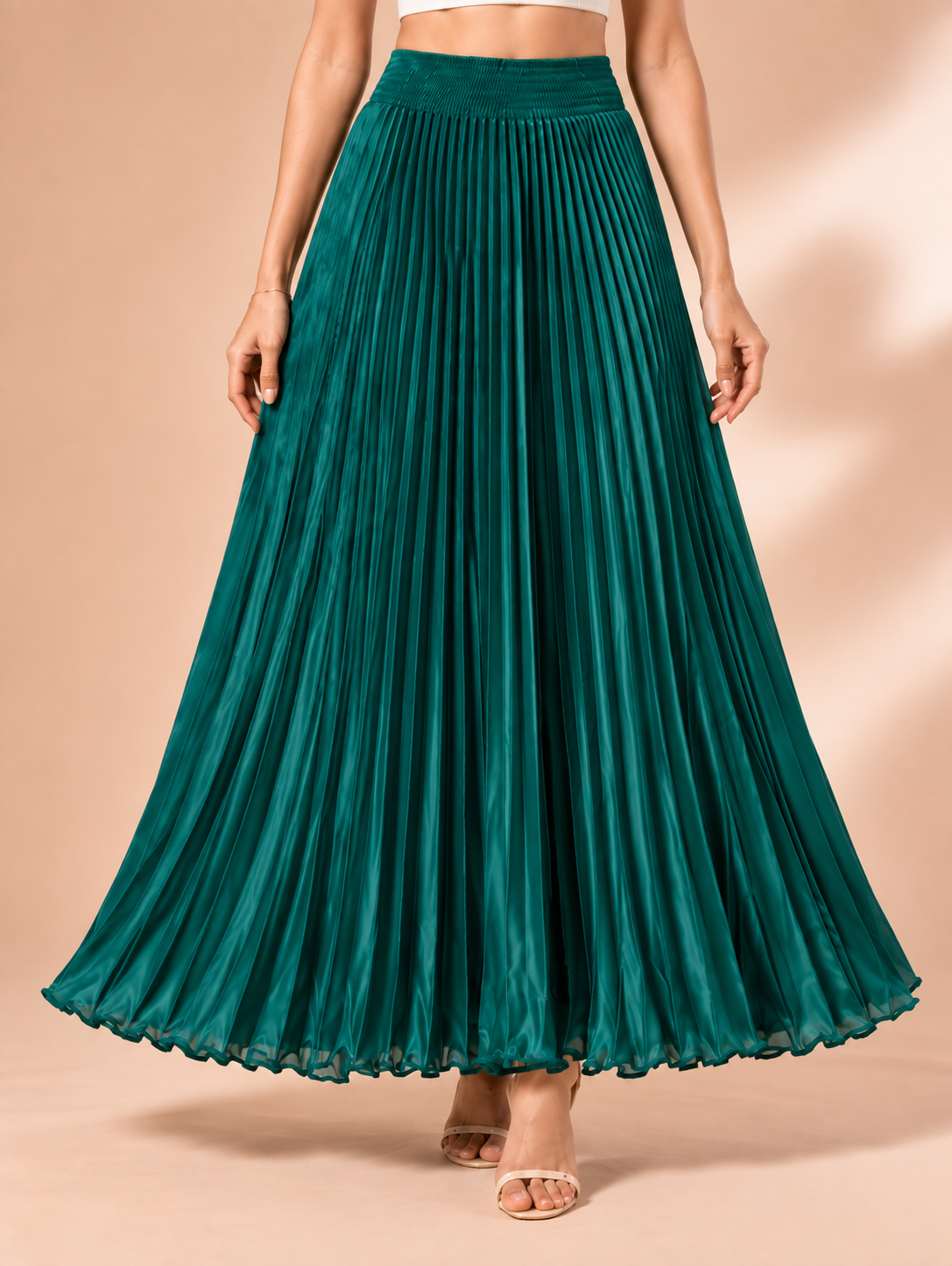 Teal Green Satin Silk Small Pleated Skirt