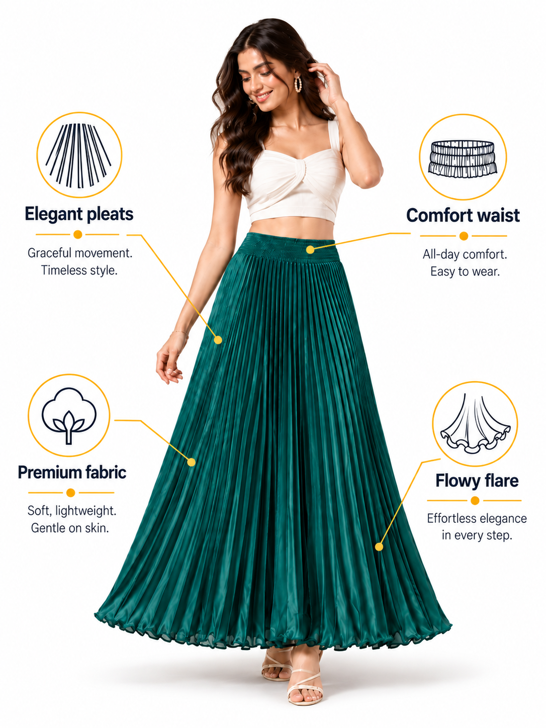 Teal Green Satin Silk Small Pleated Skirt