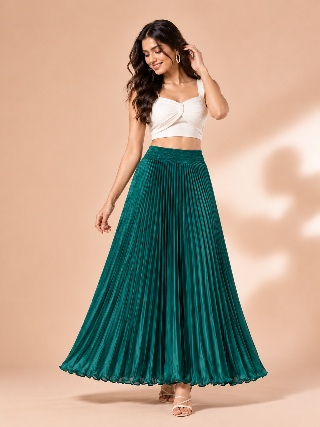 Teal Green Satin Silk Small Pleated Skirt