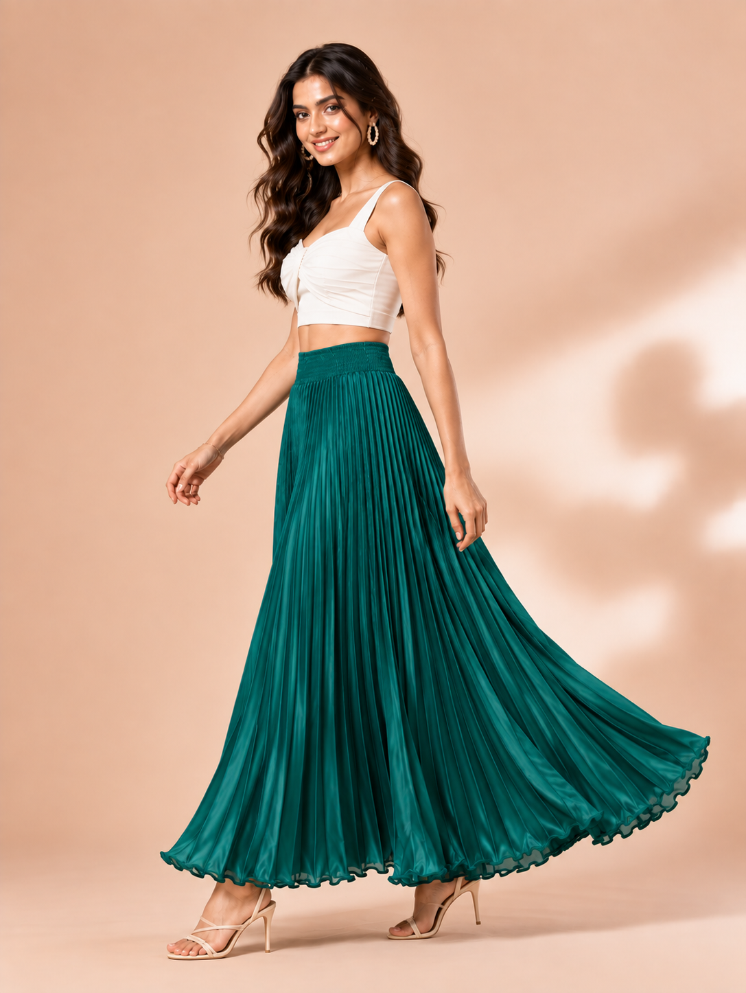 Teal Green Satin Silk Small Pleated Skirt