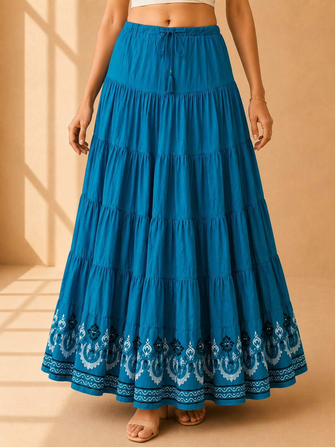 Turquoise Block Print 20Mtr Cotton Skirt