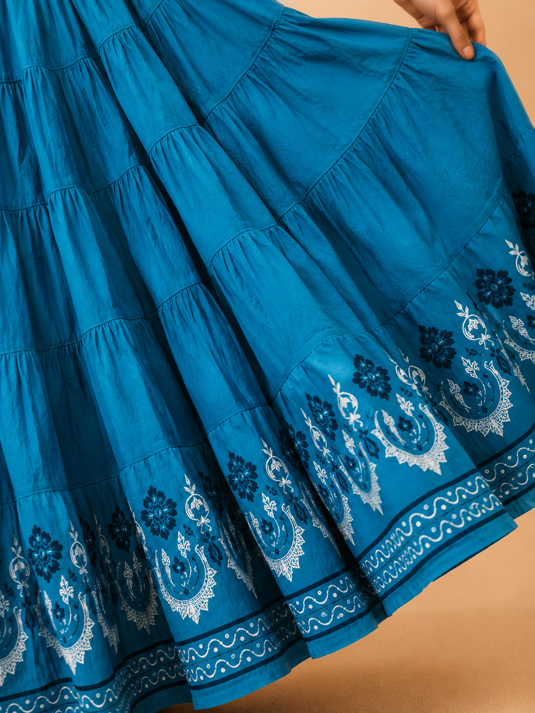 Turquoise Block Print 20Mtr Cotton Skirt