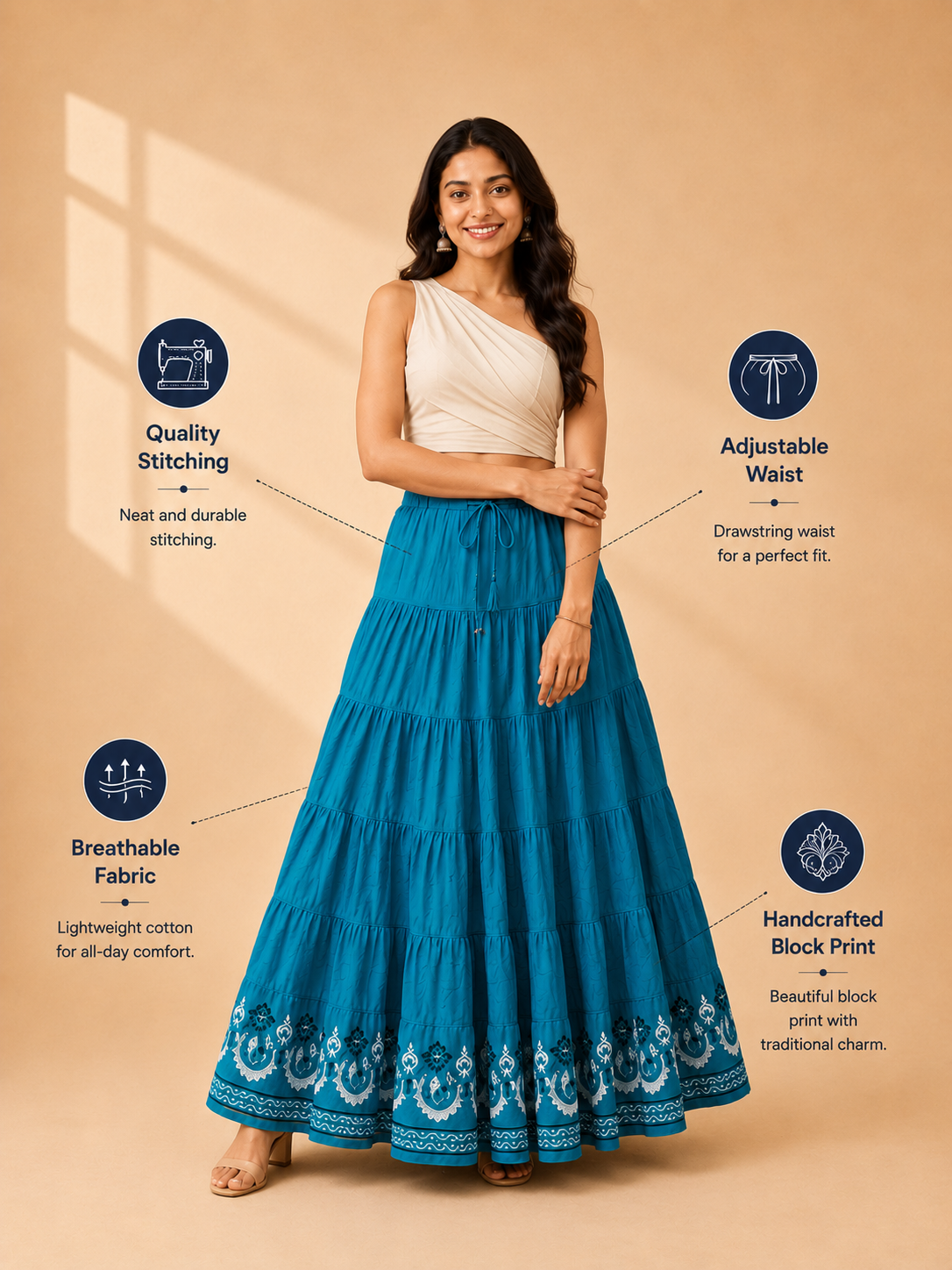 Turquoise Block Print 20Mtr Cotton Skirt