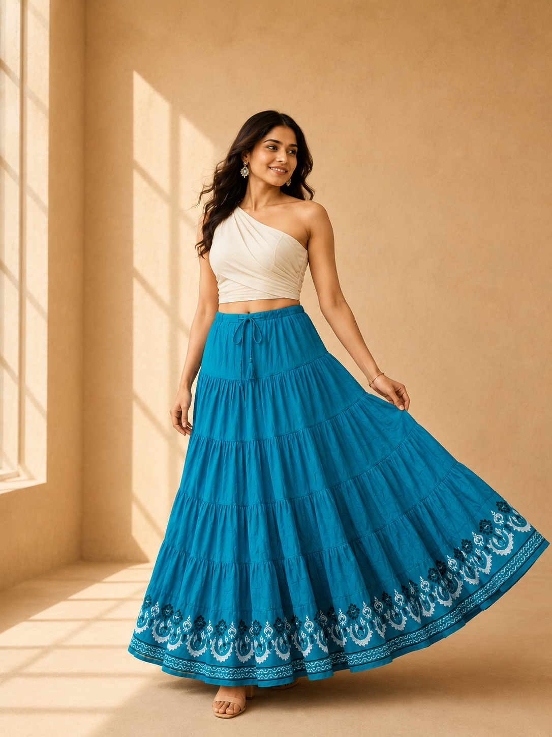 Turquoise Block Print 20Mtr Cotton Skirt