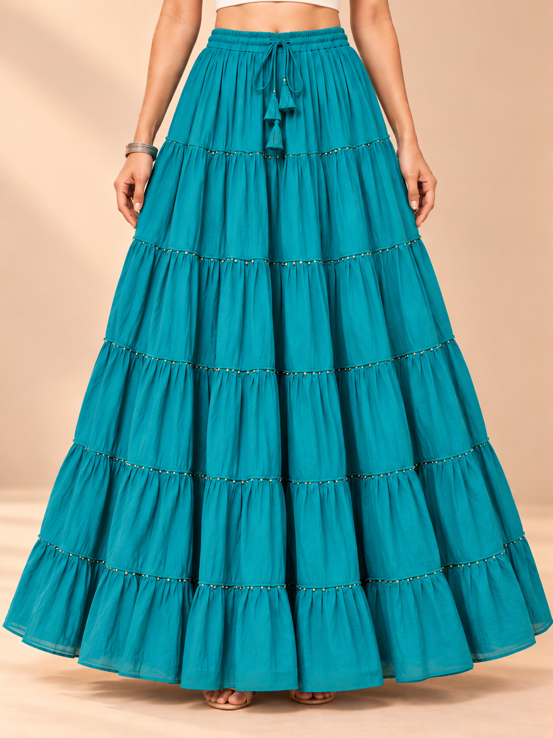 Turquoise Cotton Skirt with Gold Beads