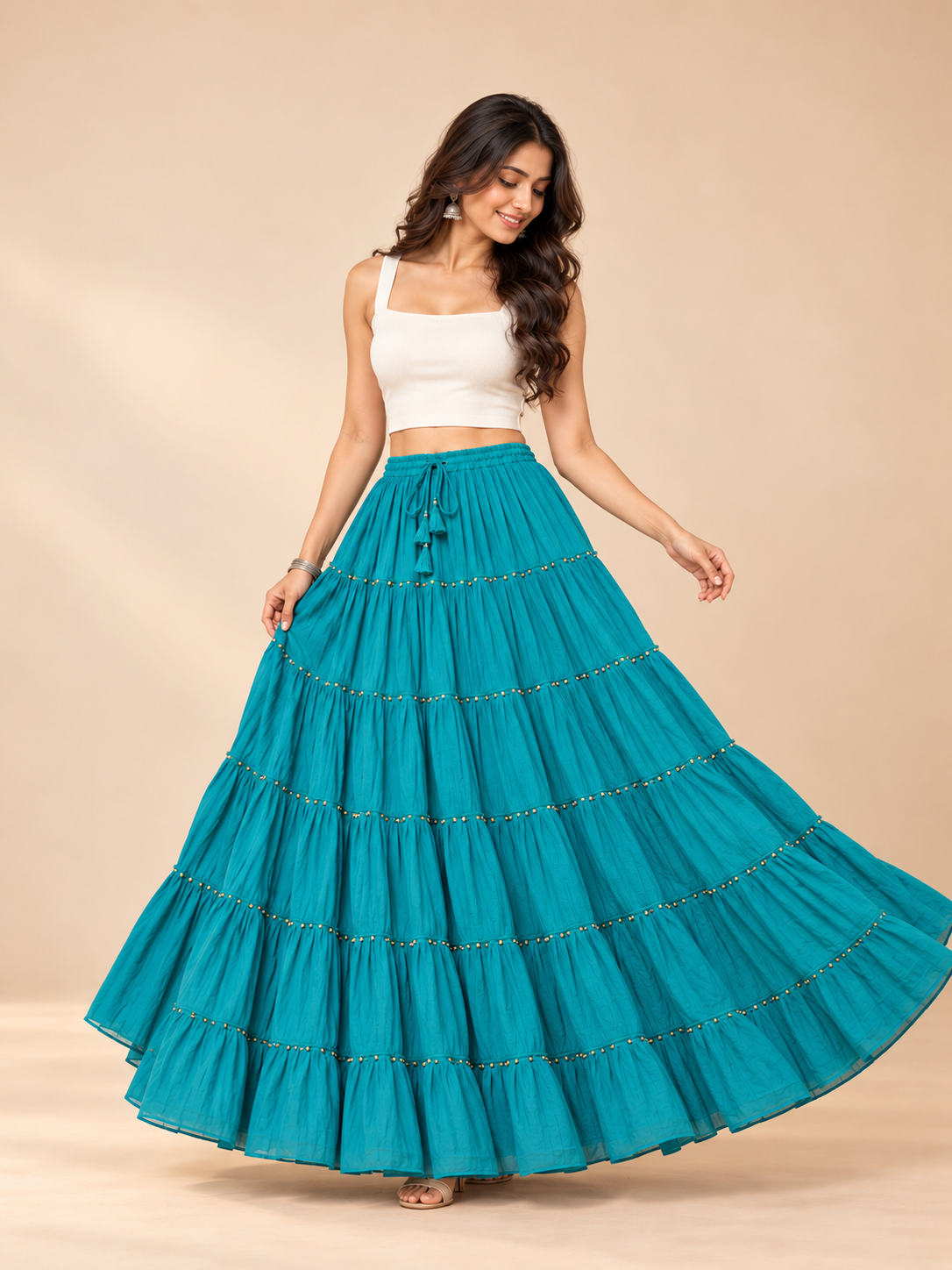 Turquoise Cotton Skirt with Gold Beads