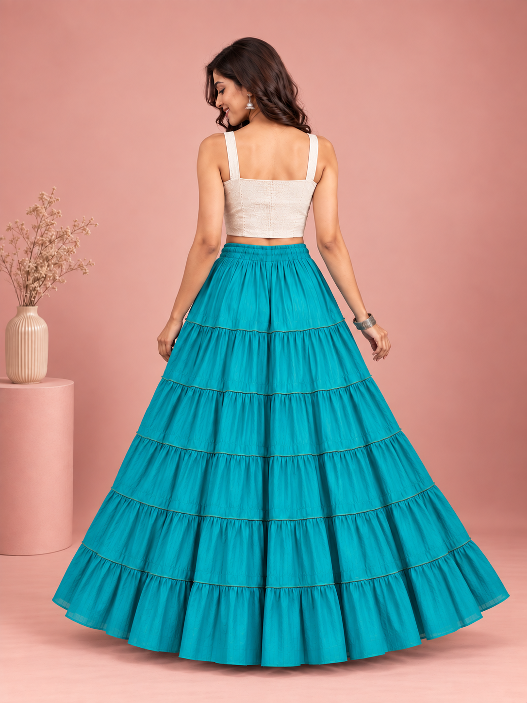 Turquoise Cotton Solid Silver Sequin 10mtr Skirt