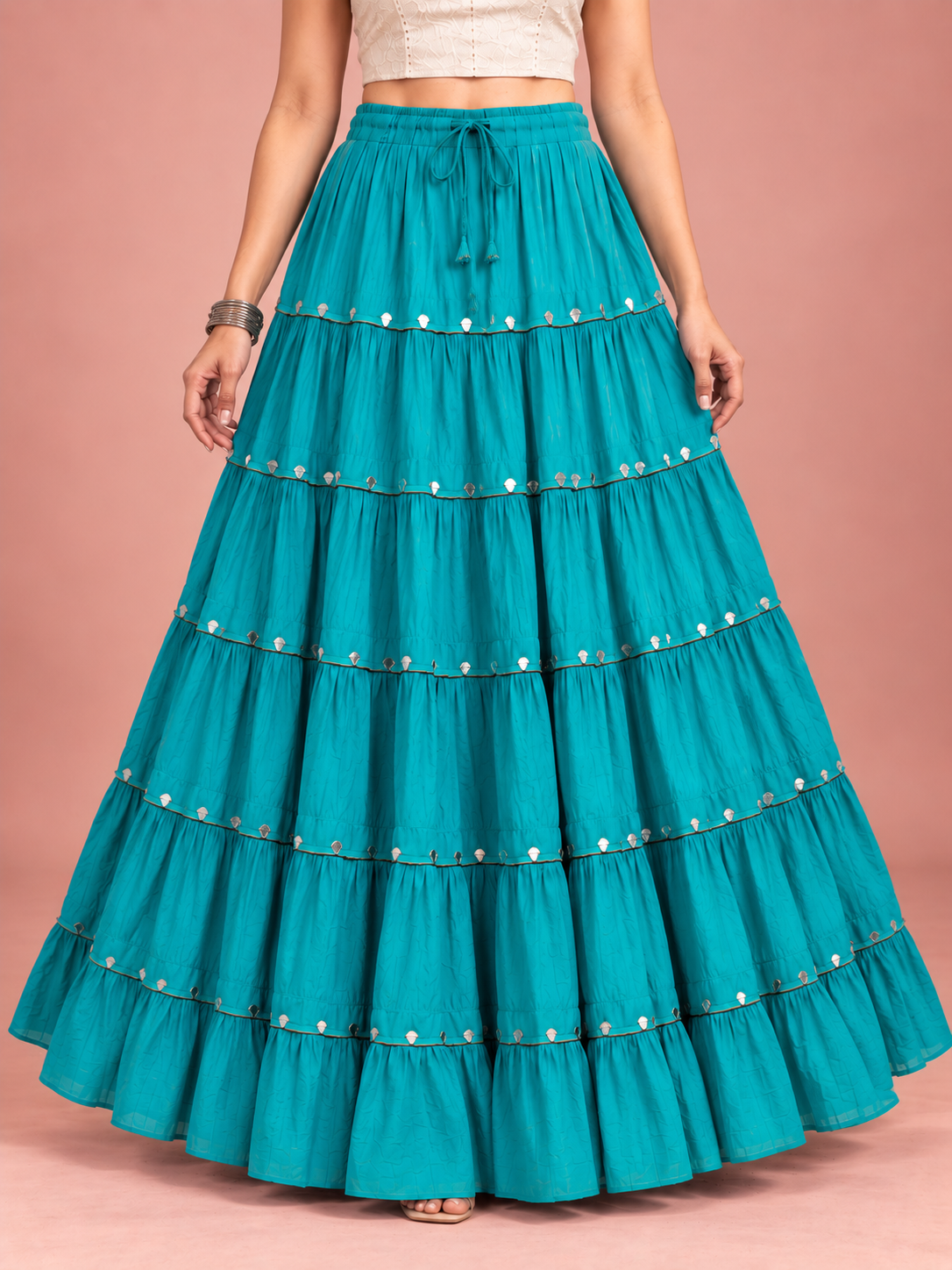 Turquoise Cotton Solid Silver Sequin 10mtr Skirt