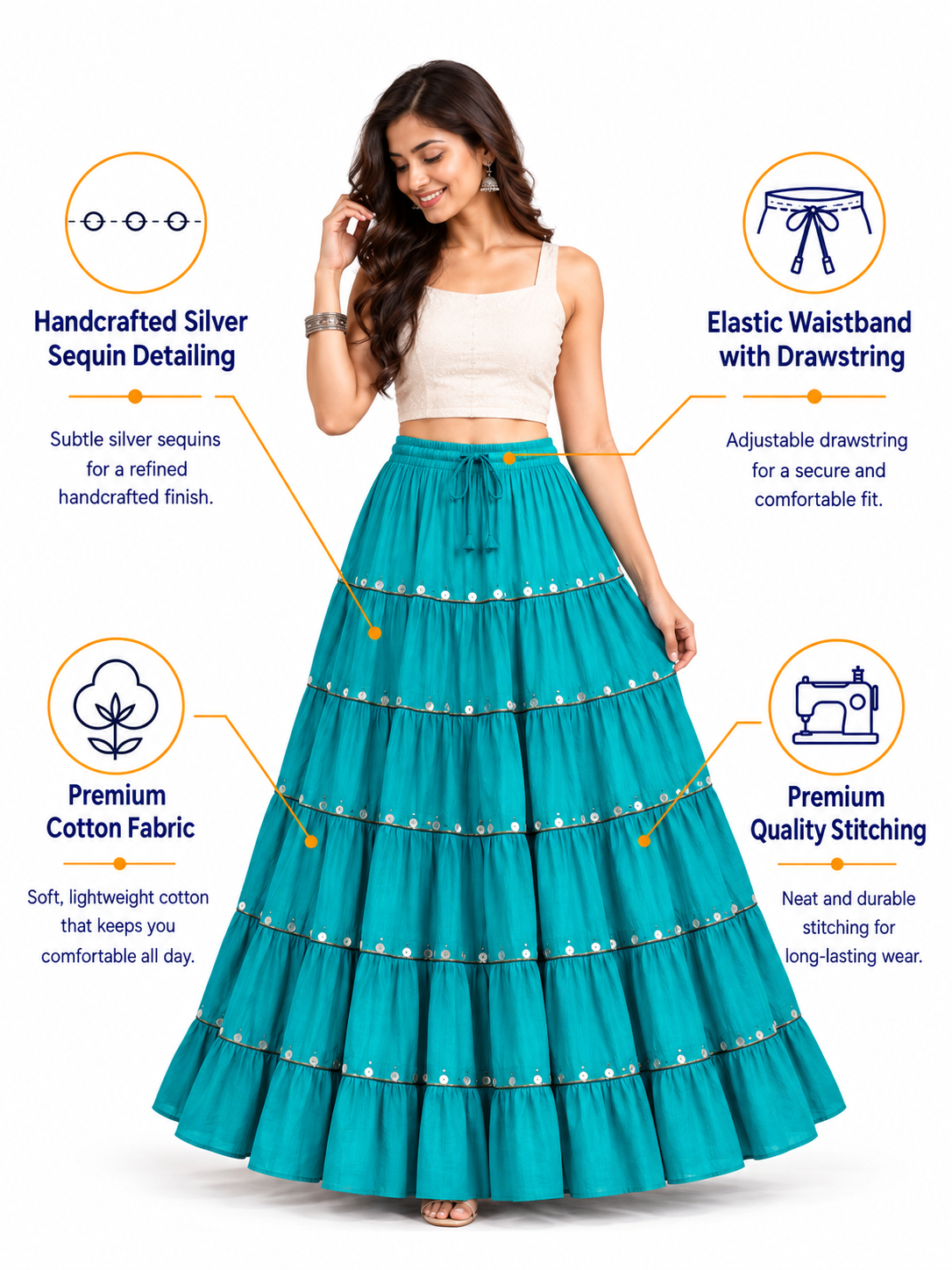 Turquoise Cotton Solid Silver Sequin 10mtr Skirt