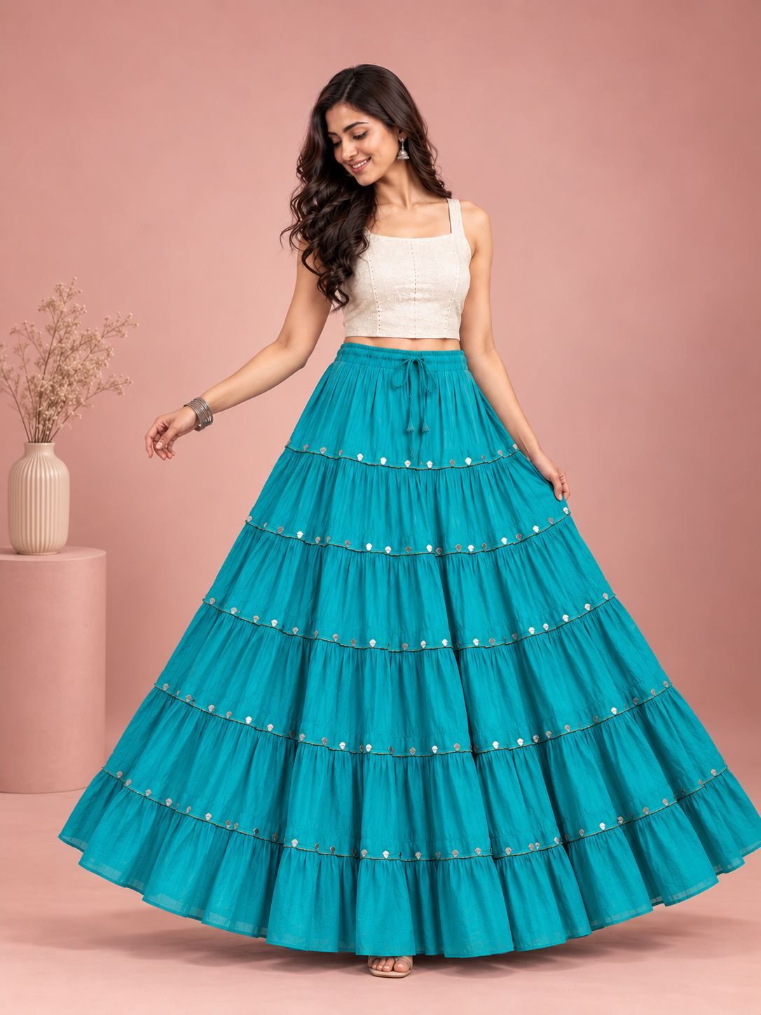 Turquoise Cotton Solid Silver Sequin 10mtr Skirt
