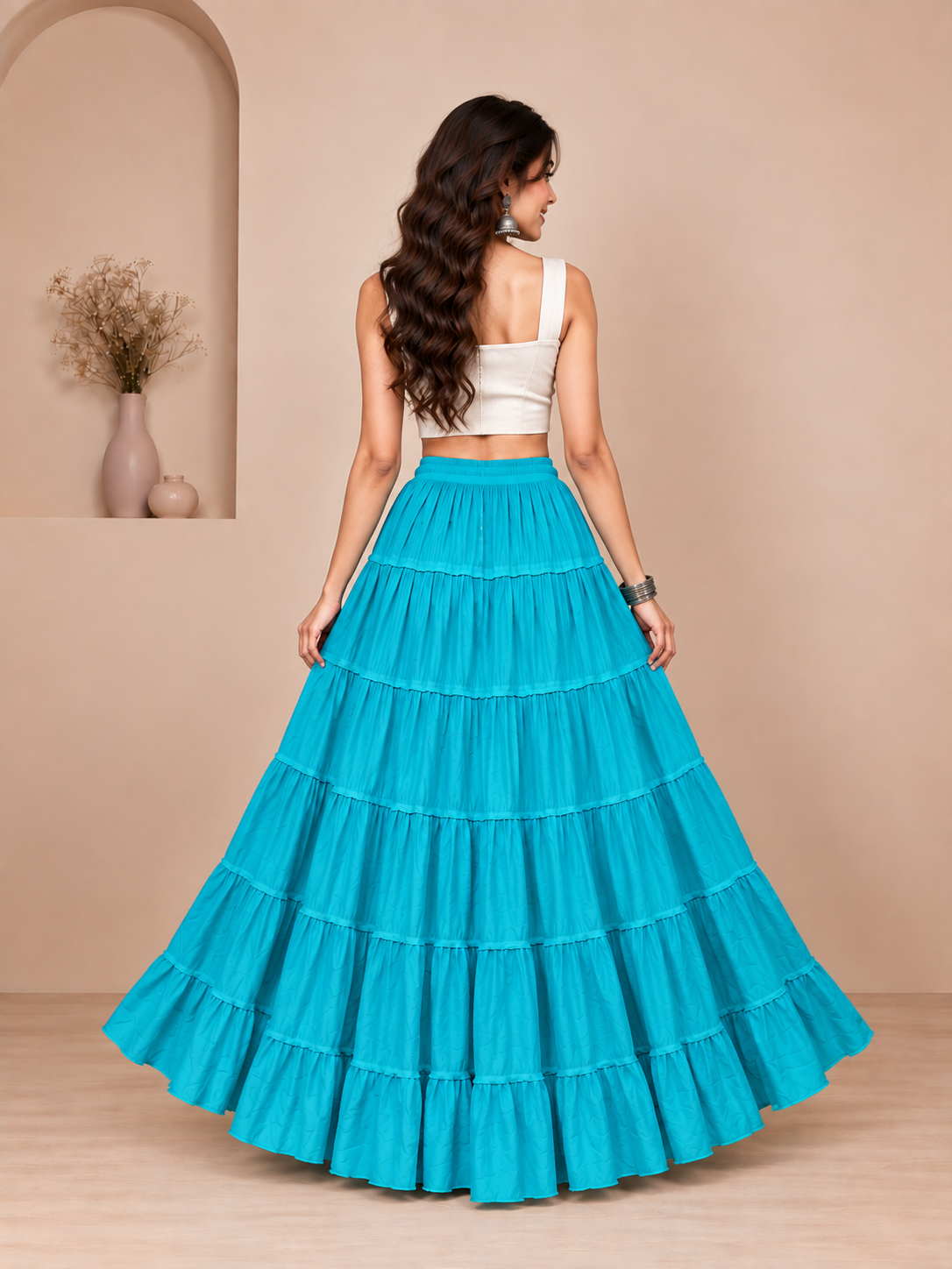 Turquoise Cotton Solid Flared Skirt