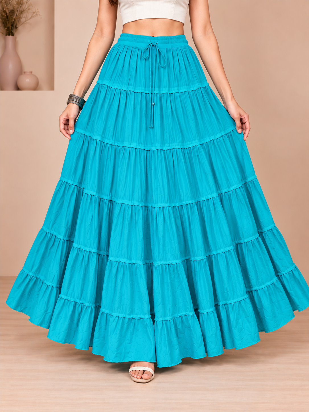 Turquoise Cotton Solid Flared Skirt