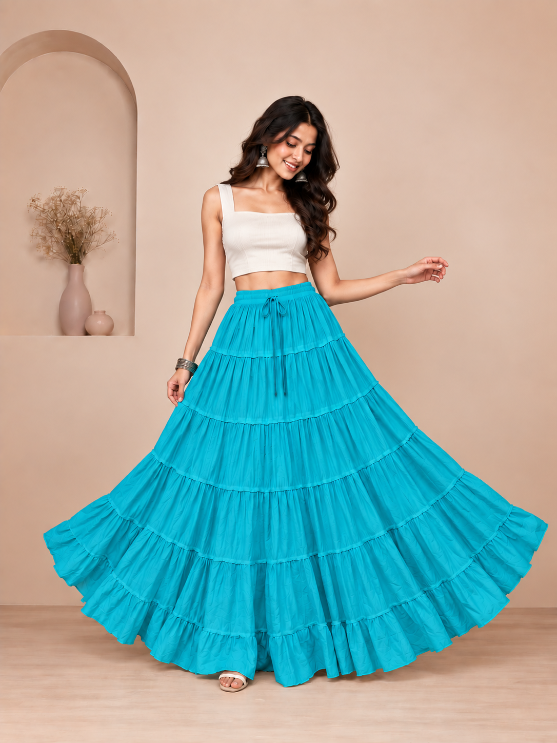 Turquoise Cotton Solid Flared Skirt