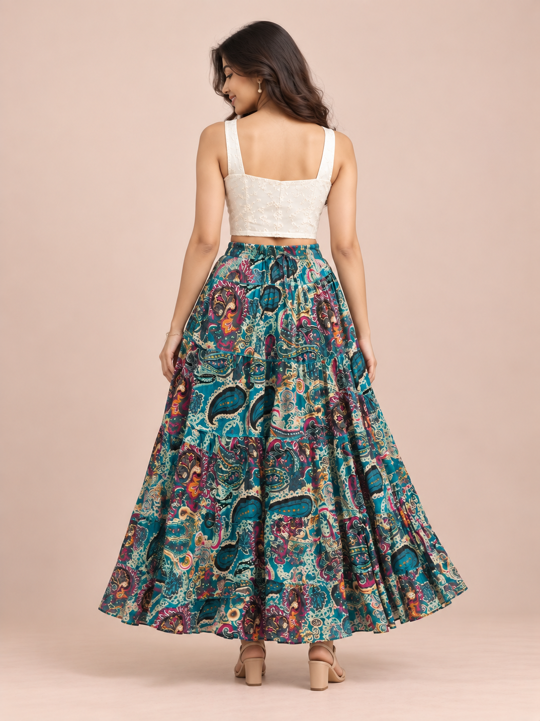 Turquoise Kalamkari Print Cotton Skirt