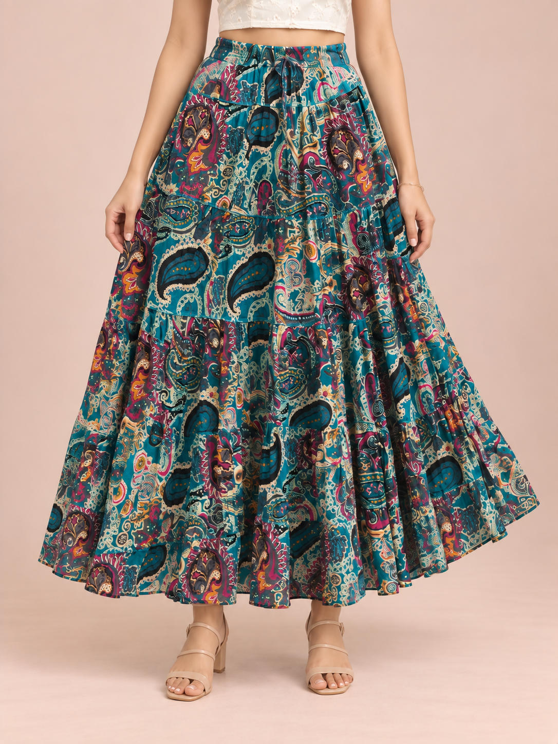 Turquoise Kalamkari Print Cotton Skirt