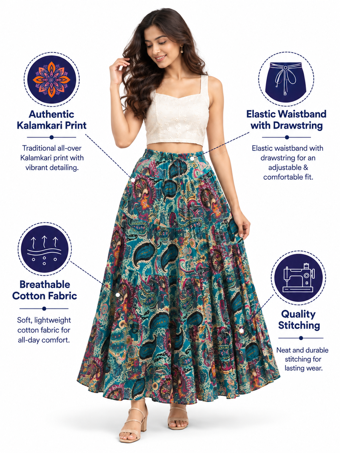 Turquoise Kalamkari Print Cotton Skirt