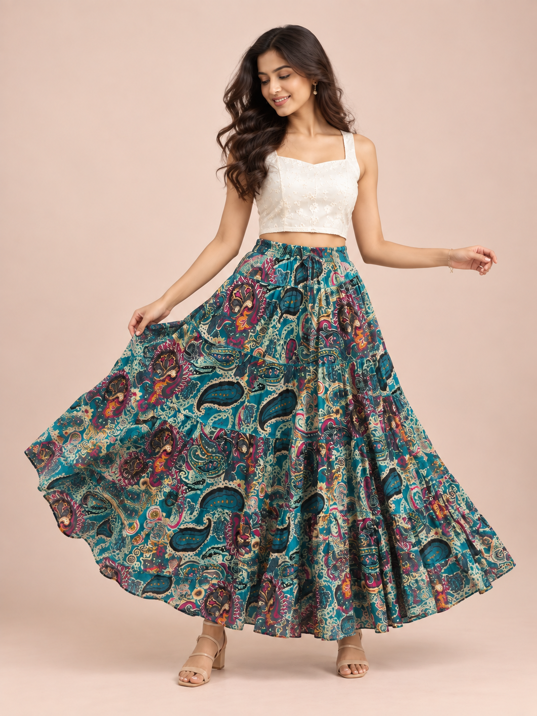 Turquoise Kalamkari Print Cotton Skirt