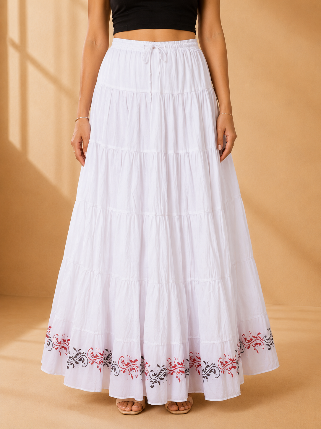 White Block Print 20Mtr Cotton Skirt