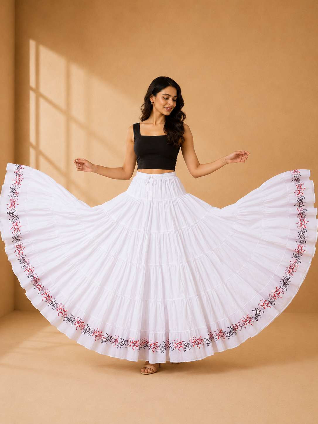 White Block Print 20Mtr Cotton Skirt