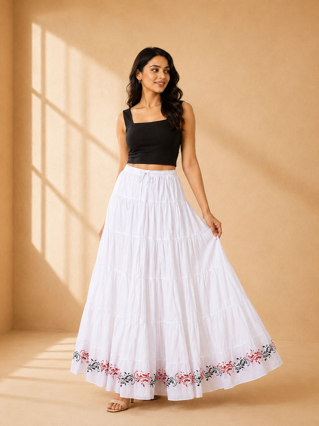 White Block Print 20Mtr Cotton Skirt