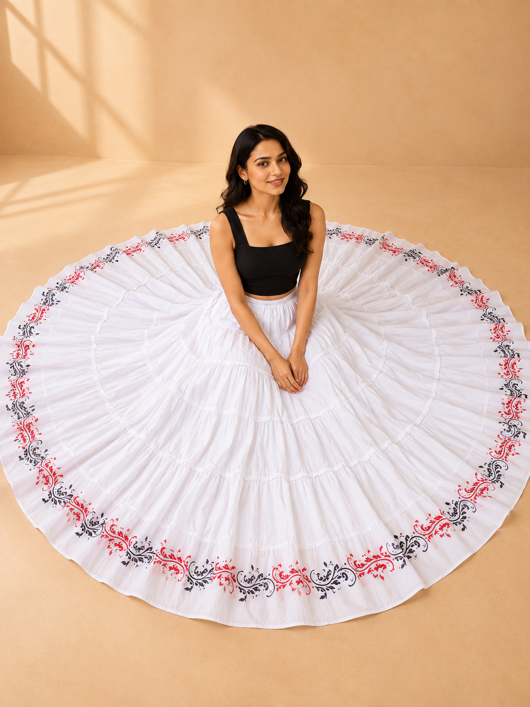 White Block Print 20Mtr Cotton Skirt
