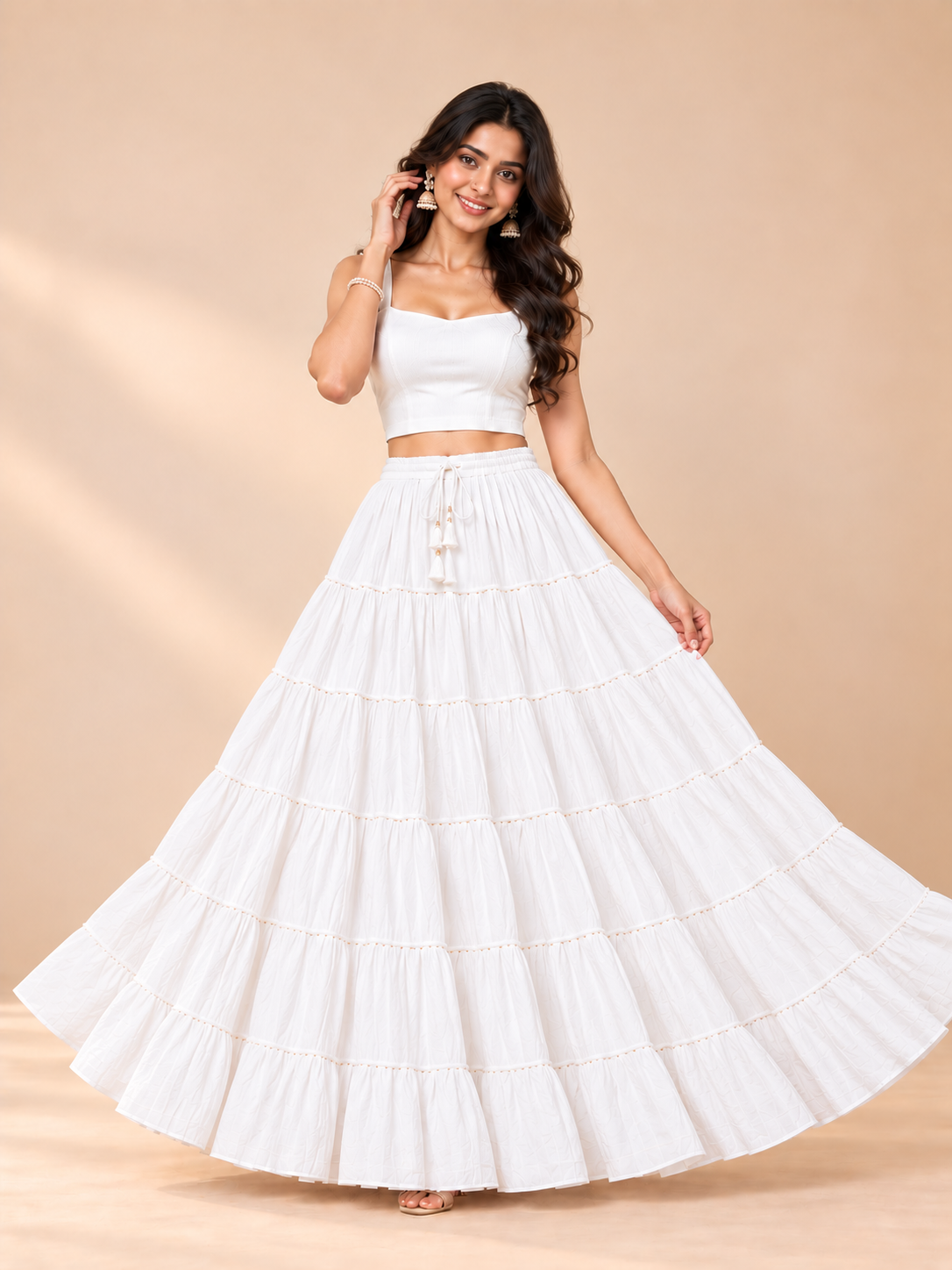 White Cotton Skirt with Gold Beads