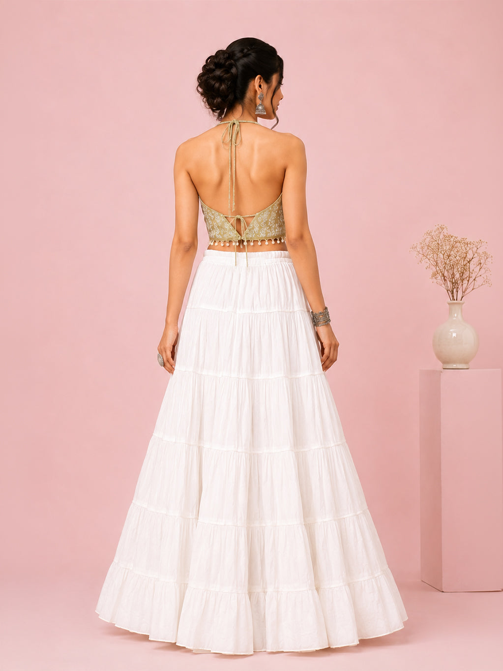 White Cotton Solid Silver Sequin 10mtr Skirt