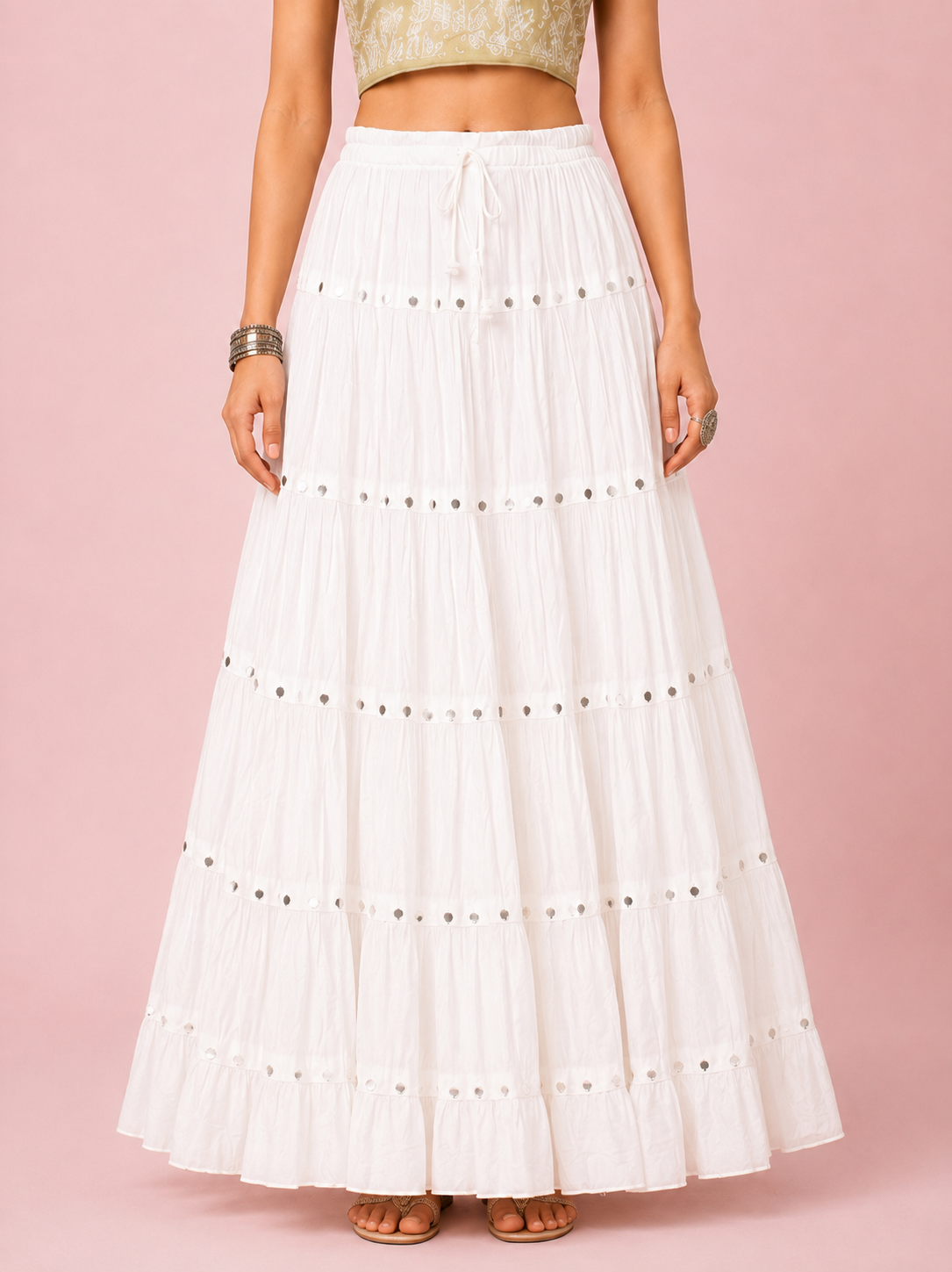 White Cotton Solid Silver Sequin 10mtr Skirt