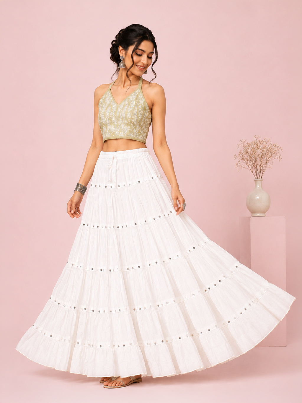 White Cotton Solid Silver Sequin 10mtr Skirt