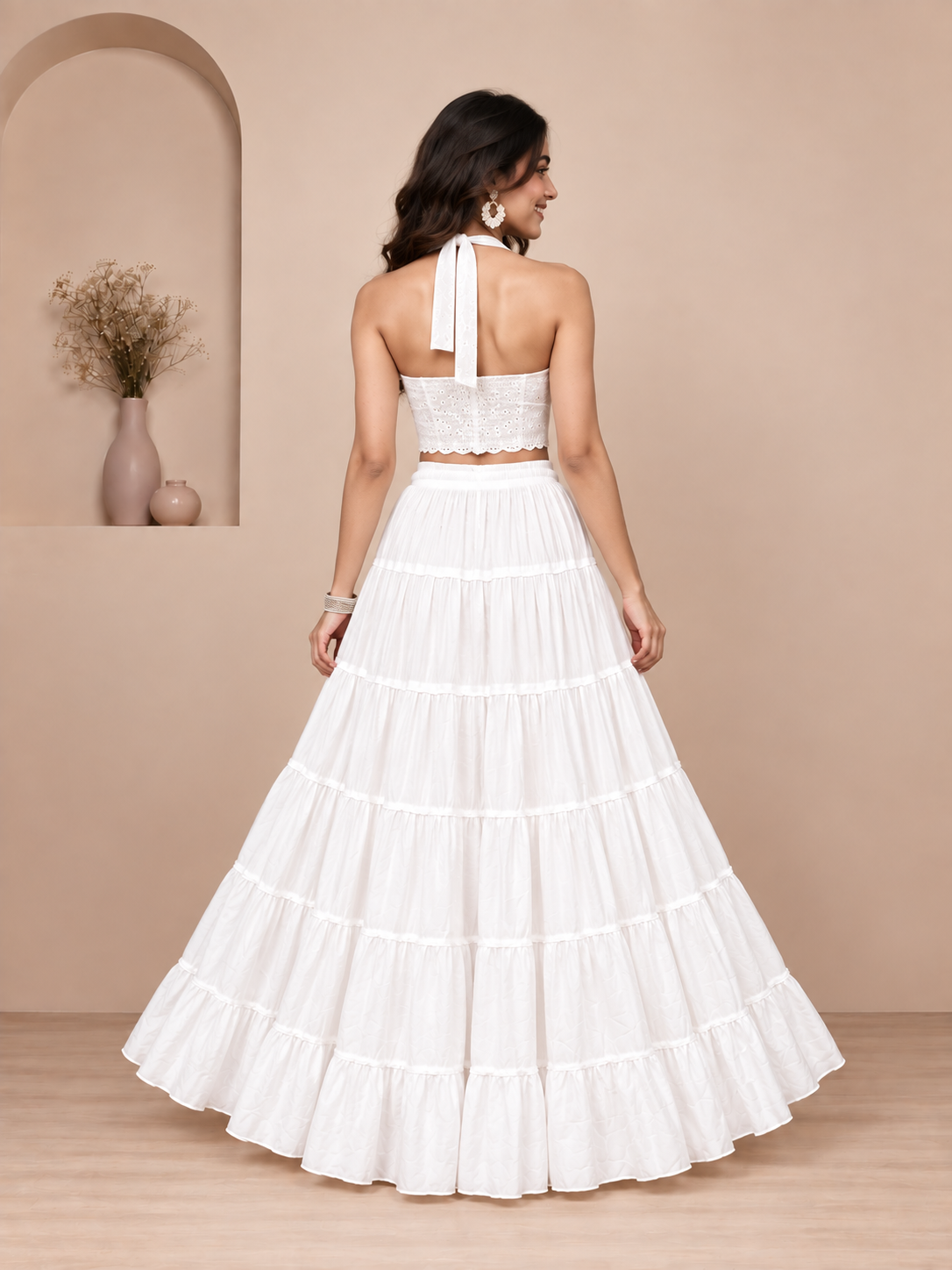 White Cotton Solid Flared Skirt