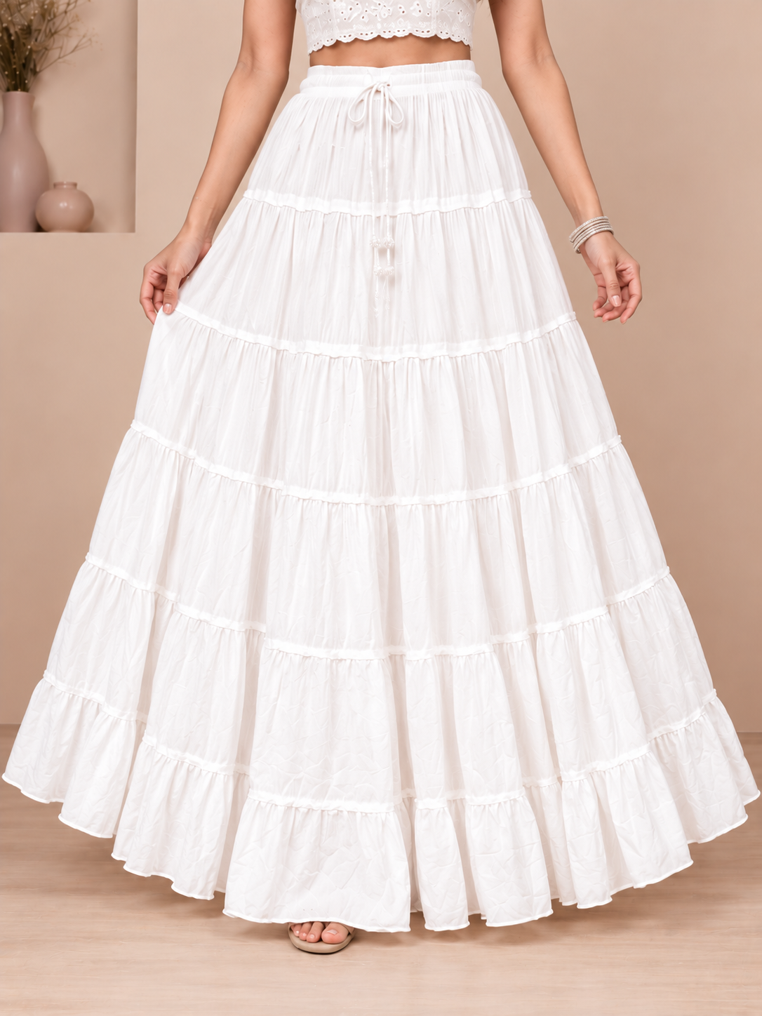 White Cotton Solid Flared Skirt