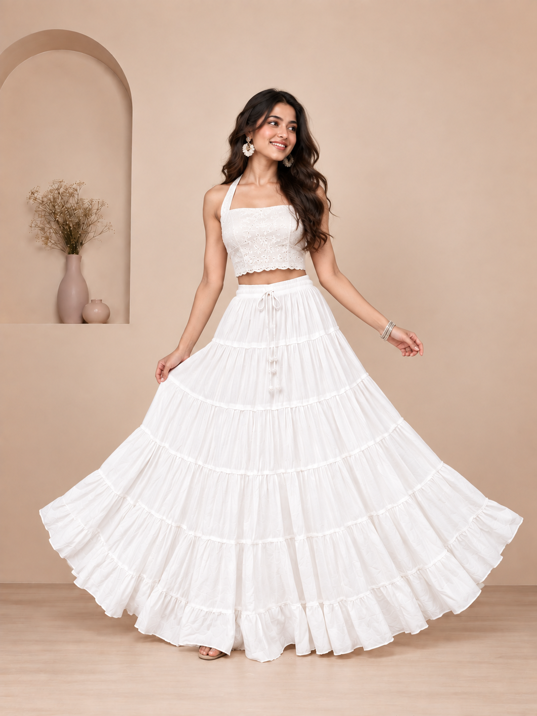 White Cotton Solid Flared Skirt
