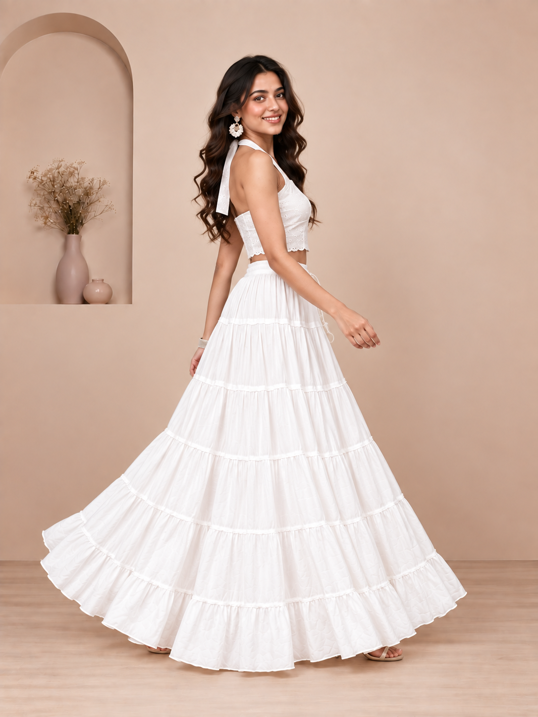 White Cotton Solid Flared Skirt