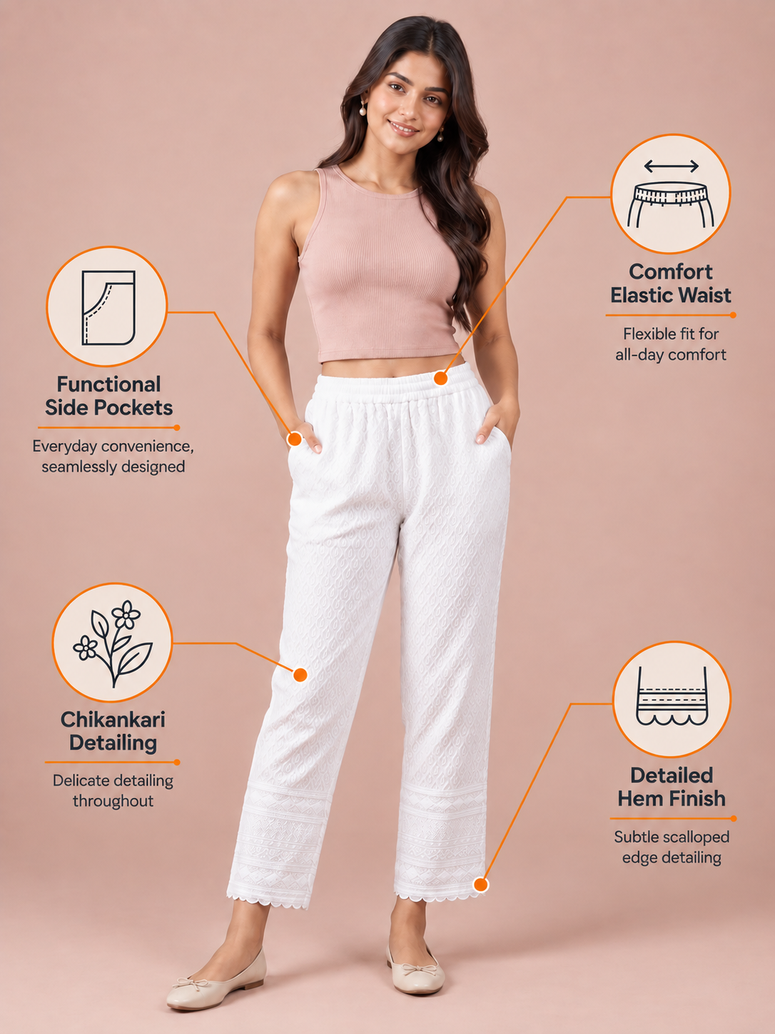 White Rayon Chikan Pant