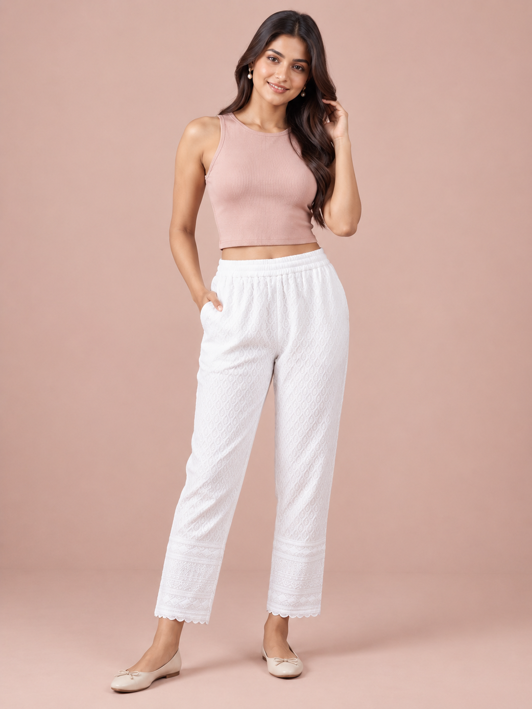 White Rayon Chikan Pant
