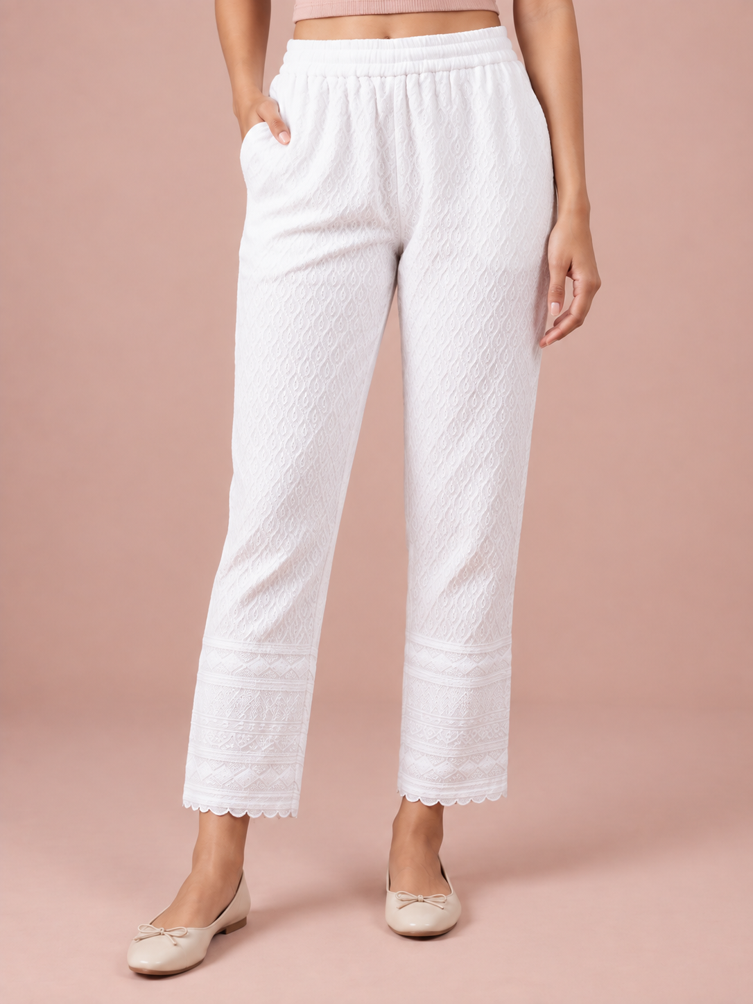 White Rayon Chikan Pant