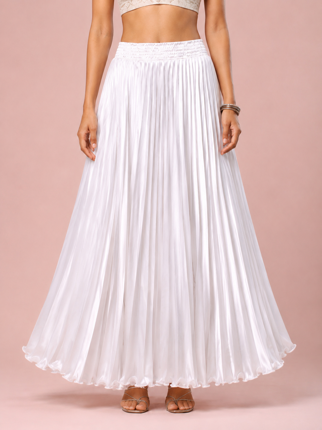 White Satin Silk Small Pleated Skirt