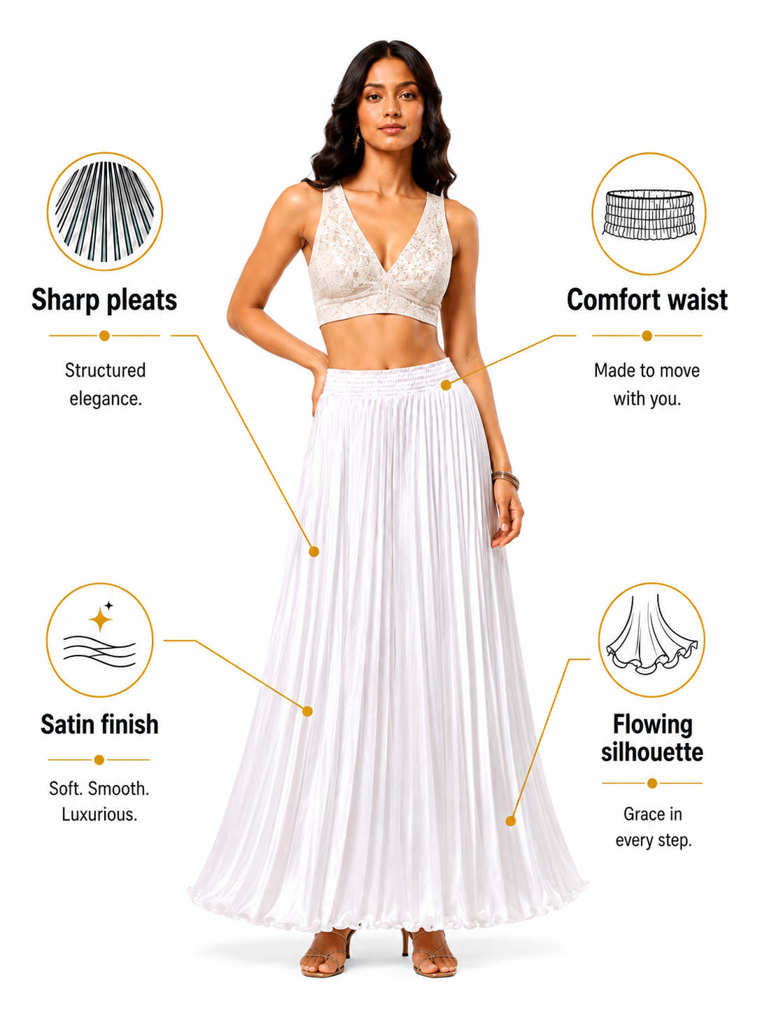 White Satin Silk Small Pleated Skirt